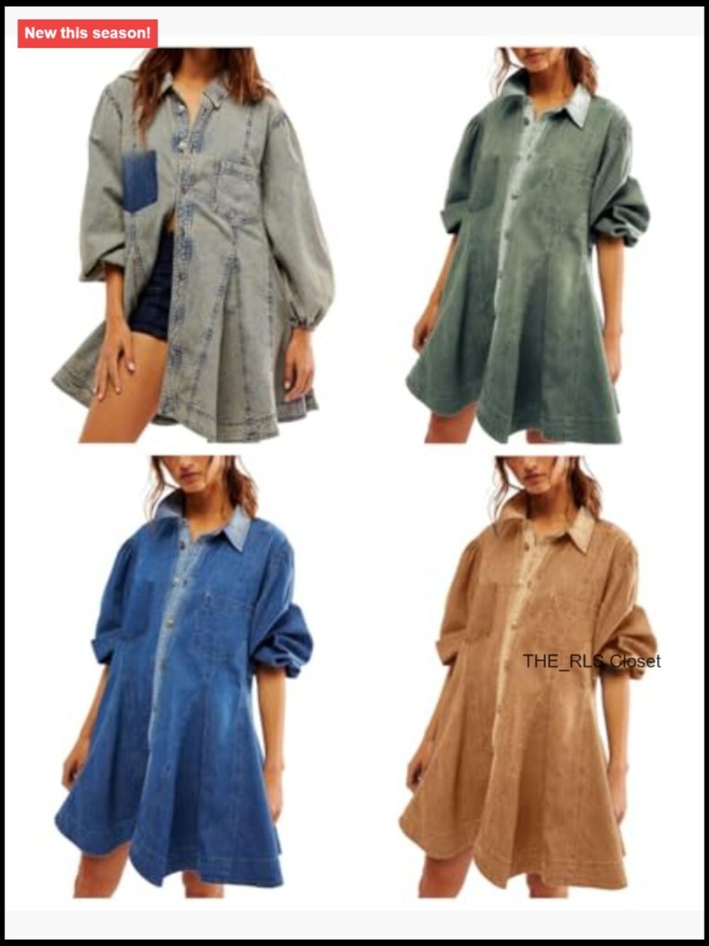 Long Sleeve Button Down Denim Dress A Line Swing Ruffle Midi with Pockets - Picture 5 of 5